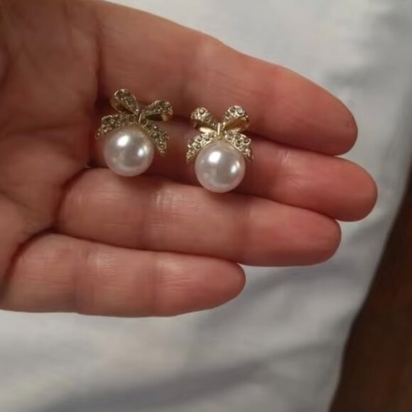 Wedding Bow Stud Earrings for Women's Rhinestones Pearls Party Gift Jewelry - Picture 3 of 3
